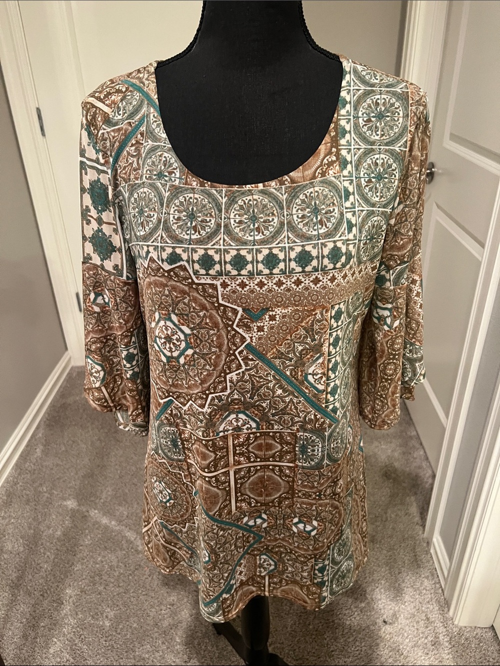 Kim Rogers Brown & Teal Tile-Print Scoop Neck Tunic